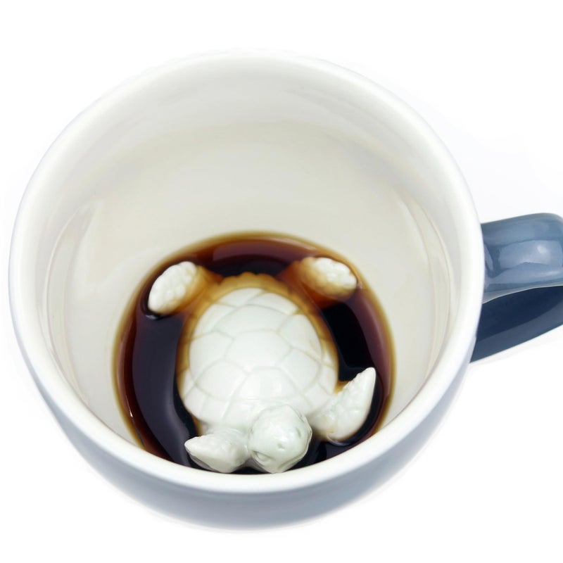 Creature Cups TURTLE Ceramic Cup (11 Ounce, Grey Blue Exterior) - Surprise 3D Sea Animal Inside Emerges As You Drink - Birthday, Holiday Drinkware Gift for Ocean and Coffee & Tea Lovers - Image 1